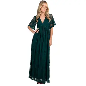 short bell sleeves v-neckline mesh lace maternity maxi dress