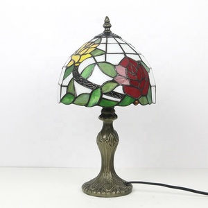 LongHuiJing for Style 8Inch Dome AC LED Adjustable <b>Table</b> <b>Lamp</b> Metal <b>Base</b> Stained Glass Lampshade Green Leaves Red Roses - Product Image 2