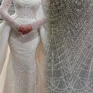 New Luxury Bridal tulle sequins lace wedding beaded and pearls fabrics for European style dress HY2206