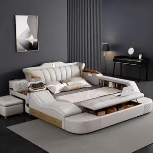 Muebles de dormitorio diseñador de cuero de lujo King queen size moderno de madera multifunción almacenamiento masaje juego de cama de gama alta