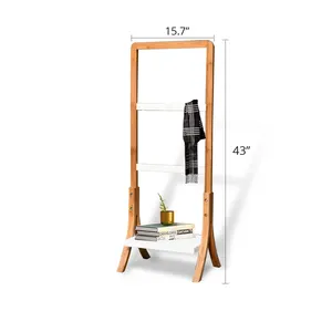 Multi- Purpose Free Standing 2 Color Combined Luxury Decorative Natural Bamboo Towel Rack With Bottom Shelf Storage For Bathroom