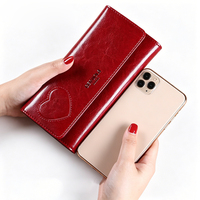 Portefeuille long en cuir véritable pour femme, personnalisé, anti-RFID, avec motif cœur en relief, multi-compartiments, pour usage quotidien, vente en gros