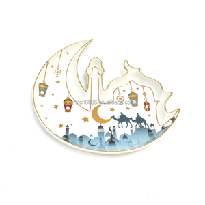 White &amp; Teal Moon &amp; Mosque Shaped Ceramic Serving Plate Porcelain Serving <strong>Iftar</strong> Refreshments <strong>Dishes</strong> Ramadan Half Moon Plates - Product Image 2
