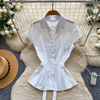 Chemisier d'été élégant à revers et manches courtes pour femme, avec taille cintrée et nœud devant, style peplum, idéal pour le bureau