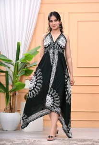 Robe en coton bohème taille unique, élégante, imprimée, coupe décontractée, tissu léger, lavable, design bohème stylé, coupe trapèze pour femme - Product Image 5