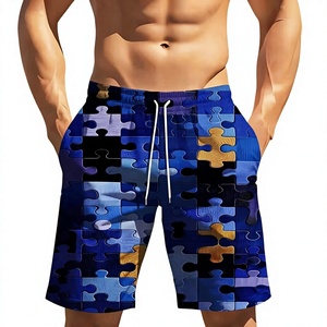 <b>Men's</b> Blue Puzzle Pattern Board Shorts Mid Waist Drawstring Quick Dry Casual Swim <b>Trunks</b> Geometric Print Polyester - Product Image 1