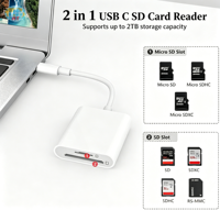 Lector de Tarjetas OTG Multi-Puerto Tipo-C / 8 Pines, Compatible con Tarjetas TF/SD para Teléfonos Android, Tabletas, Laptops y Cámaras