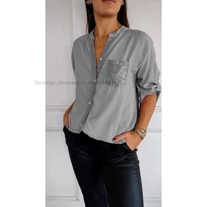 Round Neck Sequin <b>Patchwork</b> Three Quarter Sleeve Women's Solid Color <b>Shirt</b> Blouse Top Fashion - Product Image 4
