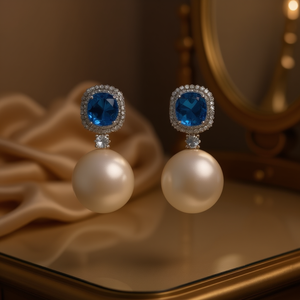 Boucles d'oreilles pendantes bleu saphir E2195, imitation perle, bijoux de fête pour femme, monture en alliage, taille brillant rond - Product Image 2