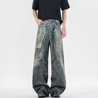 Jean Star Charm pour homme, coupe baggy, denim noir délavé, applique florale, ourlet déchiré, effet usé, style Y2K, imprimé 3D, jambe large, personnalisable OEM