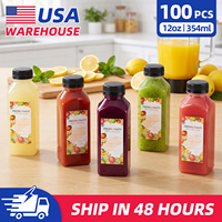 Lot de 100 bouteilles de jus en plastique PET de 12 oz, contenants carrés pour boissons, bouteilles de lait recyclables avec bouchons pour bar, café, à emporter