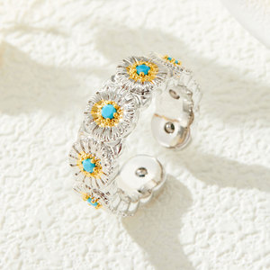 Two Tone Gold Daisy Blue Turquoise Open Ring Adjustable Women's Index Finger Ring Retro Style Exquisite Jewelry - Product Image 3