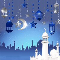 6 pièces Guirlande de Ramadan EID Mubarak, lanterne étoile et croissant de lune islamique argentée et bleue métallique, guirlande suspendue Euphoria pour décoration de fond