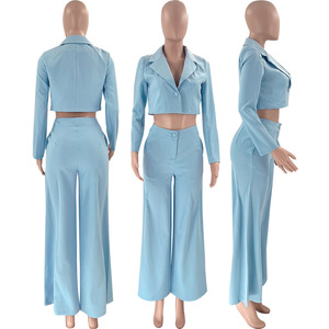 Solid Color Short Long Sleeve High Waisted Wide Leg Pants Women's Suit 2 Piece <b>Set</b> Fashion - Product Image 6