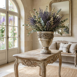 Urne <span class=keywords><strong>de</strong></span> jardin sur piédestal <span class=keywords><strong>en</strong></span> magnésie beige, <span class=keywords><strong>style</strong></span> vintage, motif floral rose, pour intérieur et extérieur, décoration <span class=keywords><strong>de</strong></span> jardin <span class=keywords><strong>de</strong></span> manoir français, fabrication OEM - Product Image 2
