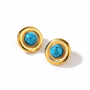 Boucles d'oreilles clous en acier inoxydable plaqué or 18 carats avec incrustation de turquoise bleue, design géométrique rond, bijoux de mode - Product Image 5