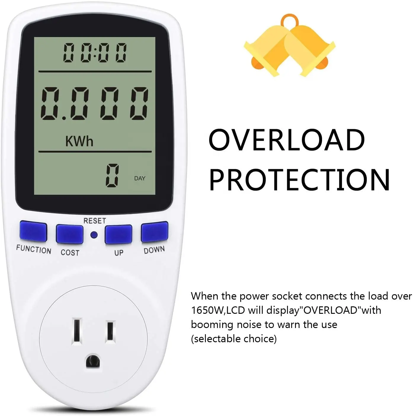 Electricity Usage Monitor Plug Power Meter Energy Watt Voltage Amps Meter Plug with Socket Universial Travel Plug Adapter White