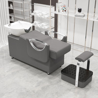 Fauteuil de lavage semi-allongé Qumeng S pour salon de coiffure, moderne et haut de gamme, en cuir PU, avec structure métallique et bac en céramique, garantie 1 an