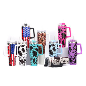 Mug de voyage isotherme 3D personnalisé en acier inoxydable de 40 oz avec poignée motif drapeau américain et léopard, paille, 8 couleurs classiques - Product Image 6