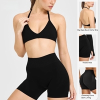 YNSEA OEM Ensemble 4 pièces : Veste courte à manches longues, Soutien-gorge dos nu, Short push-up froncé, Leggings – Tenue de sport et d'entraînement