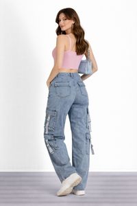 Vaqueros estilo cargo cómodos con pierna ancha y corte recto, con diseño de múltiples bolsillos - Product Image 3