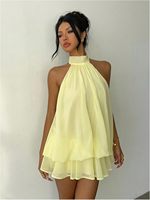 Robe d'été mini respirante en mousseline unie vintage pour femme, avec logo personnalisé OEM&ODM, col halter, taille basse et volants, 100% polyester, idéale pour les vacances