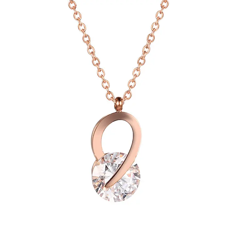 18K Rose Gold สร้อยคอผู้หญิงแฟชั่นชุดเพชรไทเทเนียมเหล็กสร้อยคอ Shiny Clear Zircon จำนวน9คลิปเพชรจี้