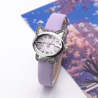 Nouvelle montre-bracelet pour enfants en alliage de quartz avec diamants, motif chat de dessin animé aux yeux bouclés, design mignon, montre pour enfant KW02