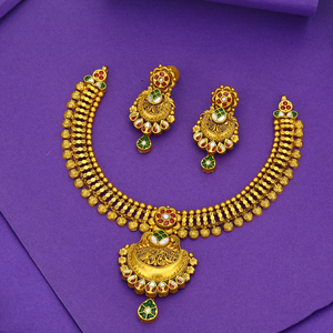 Traditional gold temple jewelry necklace set with earrings south indian bridal design antique finish colorful <b>stones</b> wear - Product Image 1