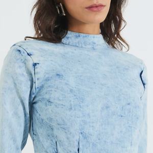 Robe Courte en Jean Bleu Délavé à l'Acide, Manches Longues, Imprimé Floral, Col Halter, Style Vintage, Devant en Crêpe, Taille 2XL, Idéale Printemps-Été, Soirées Club - Product Image 3