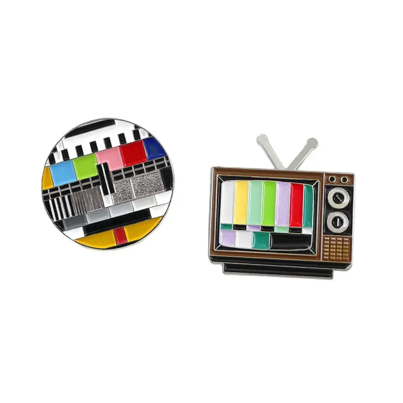 Üretici özel klasik eski Tv rozeti hiçbir sinyal gökkuşağı Tv ekran şekli mineli yaka rozeti