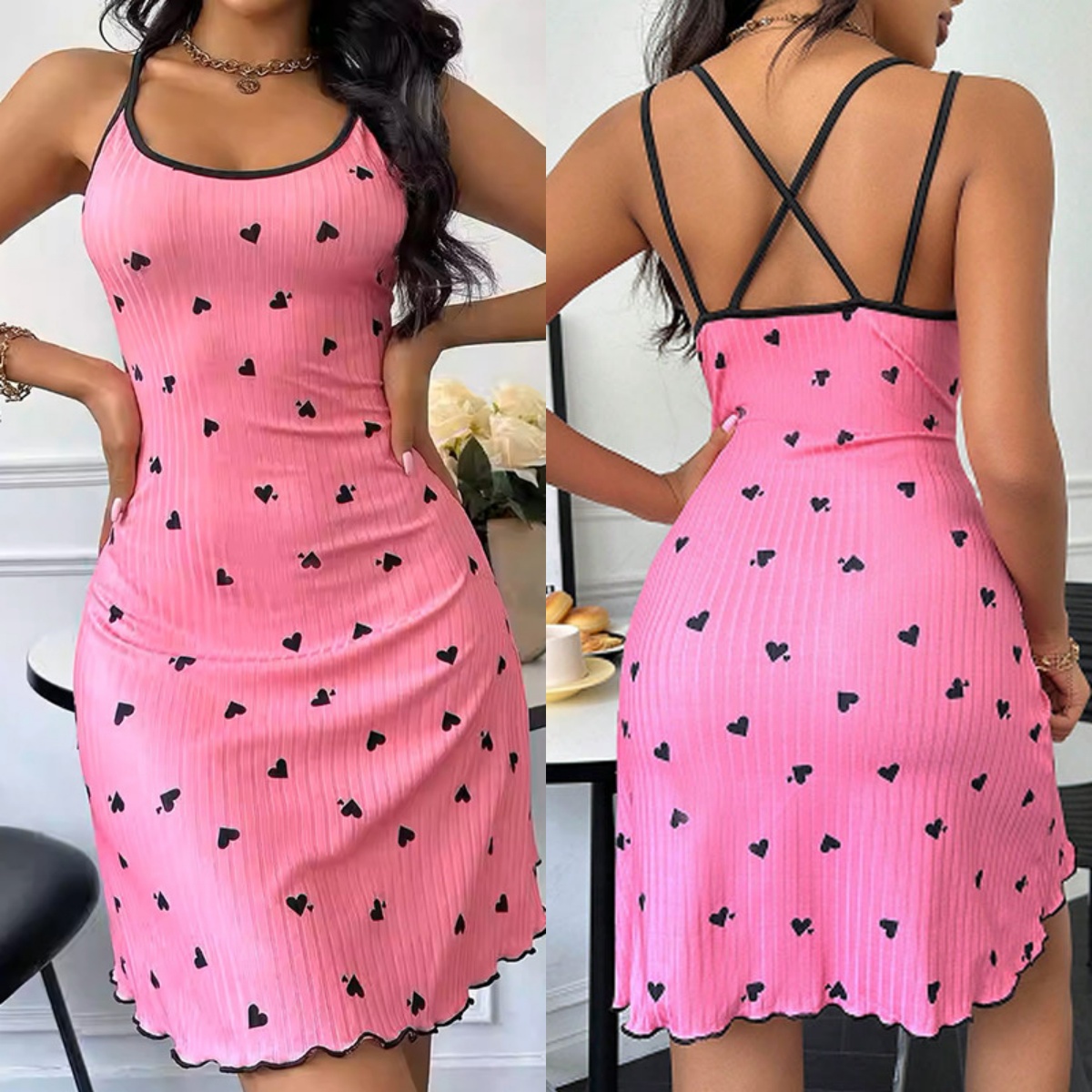 Sfy-y1468 Heart Print Chemise Dress Girls' Ribbed Nightdress Cute Print Pink Pajama Backless Nightgown Sleepwear