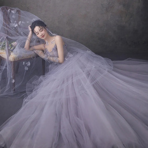 Purple Tulle Ball Gown Wedding Dress Halter Neck Empire Waistline Floral Print For Outdoor Photography - Product Image 2