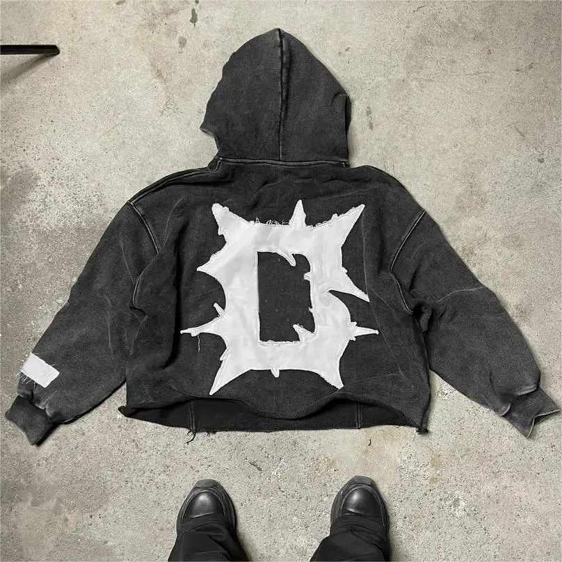 Özel logo boxy dikiş unisex patchwork hoodie yıkanmış yama nakış hoodie pamuk fransız terry sıkıntılı işlemeli hoodie