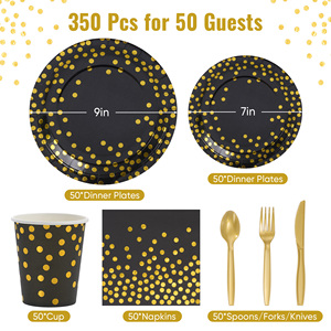 Juego de Vajilla Desechable Ecológico de 350 Piezas con Diseño de Puntos Negros y Dorados, Libre de BPA, para 50 Personas, Platos, Vasos, Servilletas y Cubiertos Dorados de PET - Product Image 2
