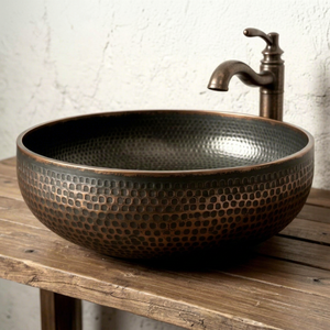 <b>Round</b> Hammered Metal Vessel Sink Countertop <b>Basin</b> Traditional Style Durable Home Bathroom Fixture - Product Image 1