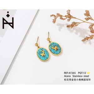 Orecchini pendenti a forma di cervo in acciaio inossidabile con ciondolo ovale in turchese, gioielli alla moda - Product Image 2