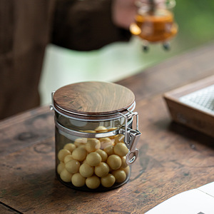 Glass Storage Jar With Wooden Lid Cylinder Shape For Food Moisture Proof Semi Transparent <b>Container</b> - Product Image 1
