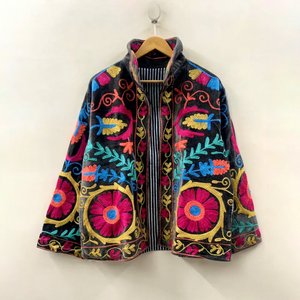 Chaqueta Bomber Unisex Hecha a Mano en Terciopelo Gris Carbón con Bordado Suzani, Frente Abierto, para Invierno y Otoño, con Hilo Floral - Product Image 1