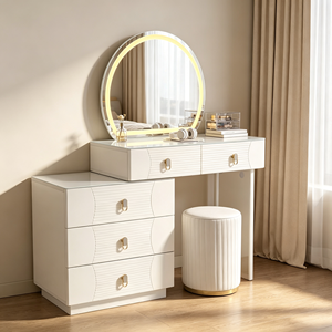 Tocador Moderno Blanco con Espejo LED Redondo, Cómoda de 3 Cajones y Taburete Acanalado para Dormitorio - Product Image 3