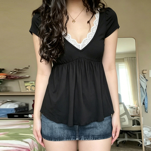 Y2K Sweet Spicy Lace Trim V-Neck T-<b>Shirt</b> Black A-Line Peplum Top Empire Waist Short Sleeve Knit Top For Daily Casual Streetwear - Product Image 1