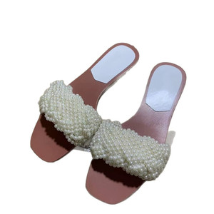 New Style Fashionable Versatile Slippers - Pearl Embellished One-Strap Color-Blocked Inspired Elegant Women <b>Flat</b> Shoes - Product Image 3