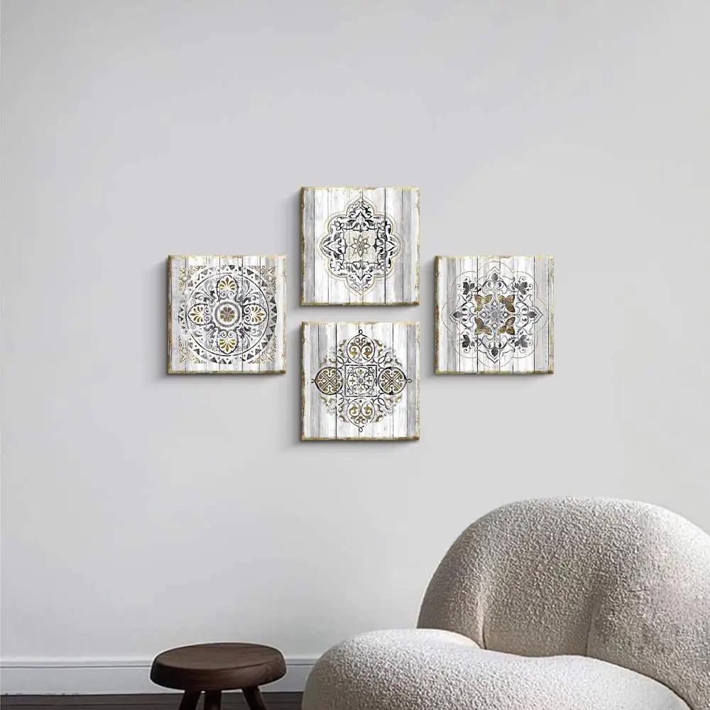 Groothandel Canvas Schilderij Wall Art Mandala Patroon Wall Art Canvas 4 Stuks Prints Ingelijst Kunstwerk Set Voor Woonkamer Slaapkamer