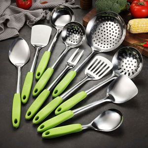 Ensemble d'ustensiles de cuisine en acier inoxydable avec poignée verte antidérapante, accessoires métalliques durables avec trous - Product Image 6