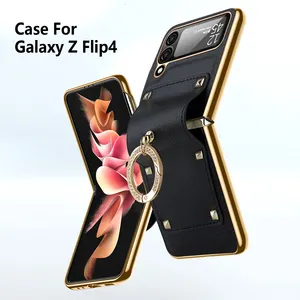 Casing kulit desain untuk Samsung Z Flip 3/4/5 casing ponsel desainer mewah dengan dudukan cincin penutup Strip antiselip