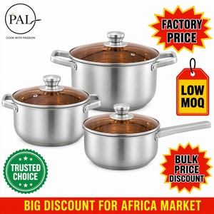 Ensemble de casseroles PAL Classic en acier inoxydable 3 pièces, revêtement antiadhésif en céramique, couvercles en verre, compatible gaz et induction, durable, facile à nettoyer - Product Image 1