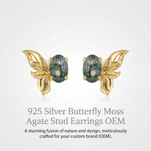 AIU Jewelry 925 Sterling Silver Butterfly Wing Moss Agate Oval Gemstone Stud Earrings Botanical Womens OEM ODM Bulk Order - Product Image 1