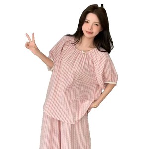 เสื้อผ้าฝ้ายสองชั้นลายทางสีตัดกันสไตล์<span class=keywords><strong>ญี่ปุ่น</strong></span> ระบายอากาศได้ดี ชุดสามชิ้น สำหรับฤดูร้อน ดีไซน์สดใส คอกลม - Product Image 5