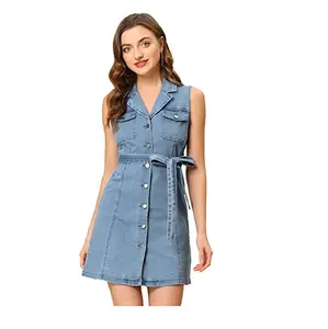 Custom High Quality Short Jeans Women's Multi-breasted Buttons Skinny Sleeveless Jeans Dresses Denim Women