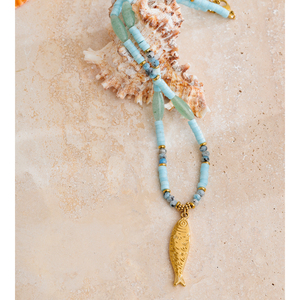 JINYOU 5343 Collar de Moda Otoñal con Cuentas de Piedra Natural Azul, Collar con Colgante en Forma de Pez Chapado en Oro sobre Acero Inoxidable - Product Image 2